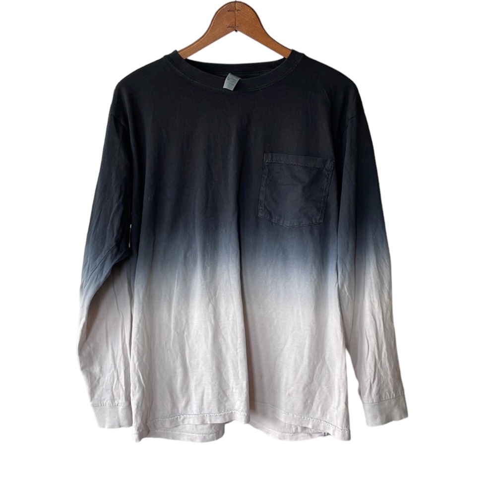 Vintage Black Blue Ombré Tie Dye Long Sleeve Pocket Tee Shirt Size Medium